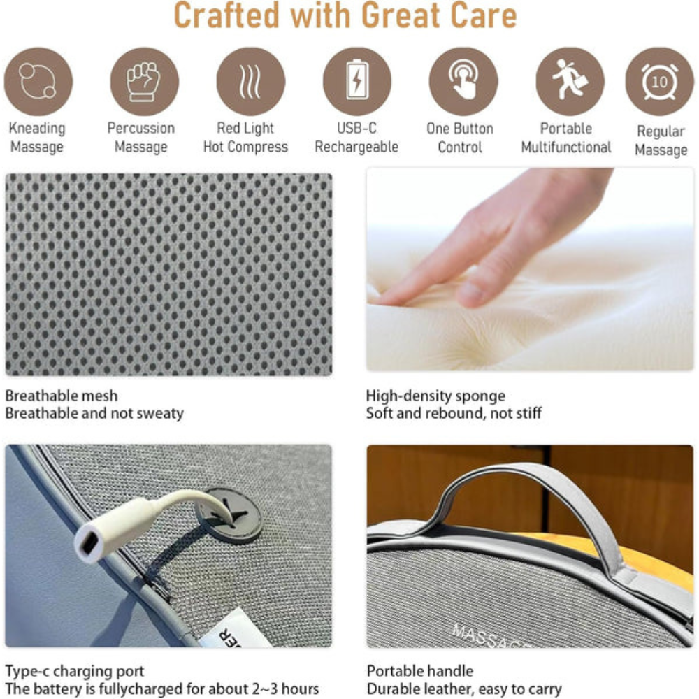 Heated Shiatsu Back Massager, 3D Deep Tissue Kneading for Pain Relief & Muscle Relaxation